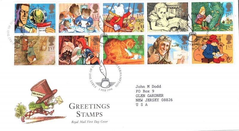 GREAT BRITAIN GREETINGS STAMPS SET OF 10 ON CACHETED ROYAL MAIL FDC 1994