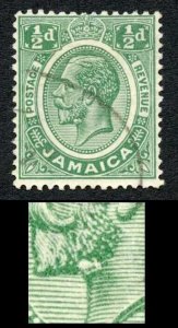 Jamaica SG92 1/2d Wmk Mult Script Constant variety Flaw on Chin