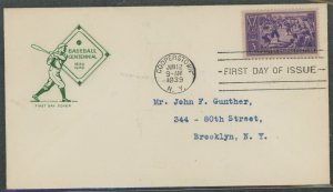 US 855 1939 3c Baseball Centennial on an addressed first day cover with a House of Farnum cachet.