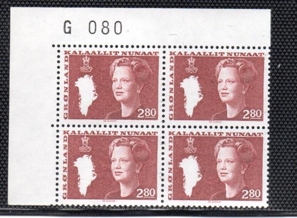 Greenland Sc 128 2.8 kr Queen stamp plate block of 4 mint NH