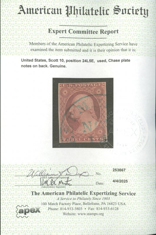 U.S. #10 USED WITH APS CERT