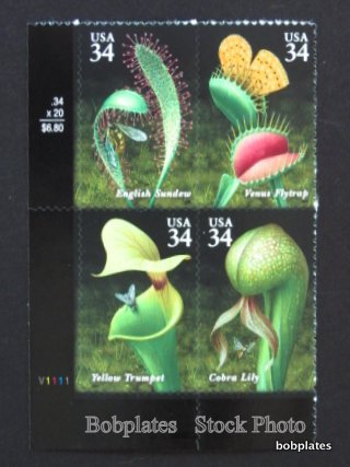 BOBPLATES #3528-31 Carnivorous Plants Lower Left Plate V1111 F-VF NH SCV=$2.8