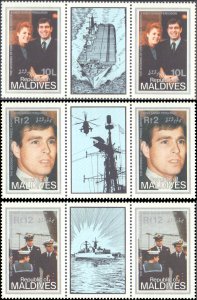 Maldive Islands #1181-1183, Complete Set(3), Gutter Pairs, 1986, Royality, Ne...