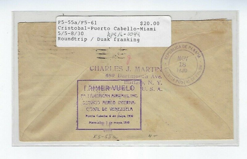 CRISTOBAL CANAL ZONE - MAY 5 1930 - ROUND TRIP AIR MAIL COVER - C42