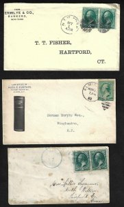 US 1860s 70s 3 NEW YORK COVER PAIRS W/FANCY CANCELS GENEVA NY IN GREEN & ELMIRA