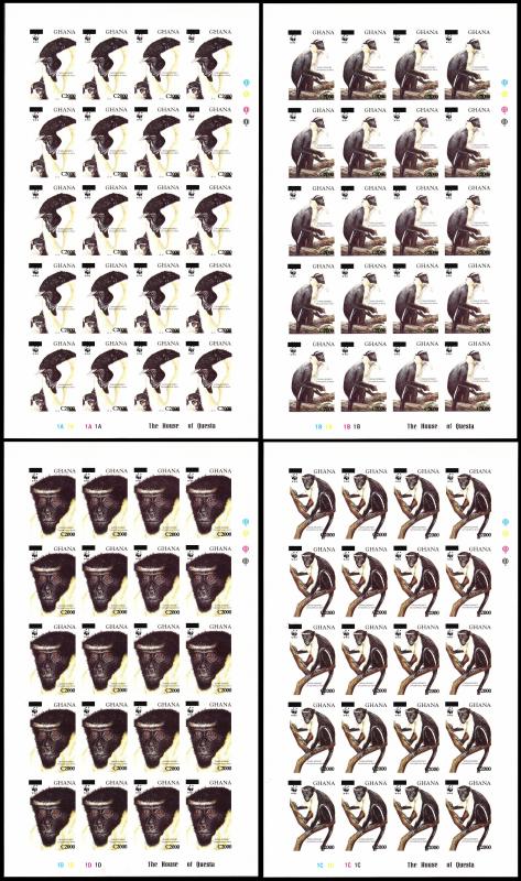 Ghana WWF Diana Monkey 4 Full Sheets IMPERF with overprints RARR SG#3574-3577