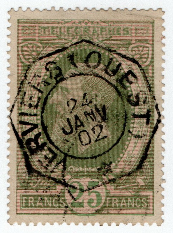 (I.B) Belgium Telegraphs : 25Fr Green & Pink (1889)