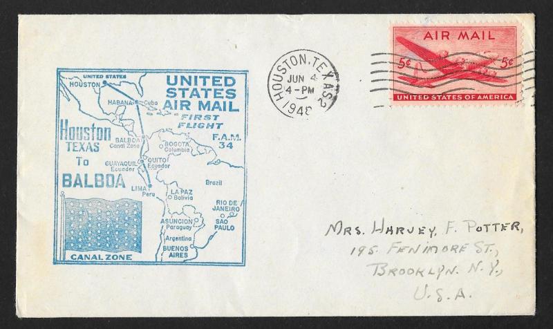 UNITED STATES First Flight Cover 1948 Houston to Balboa Canal Zone