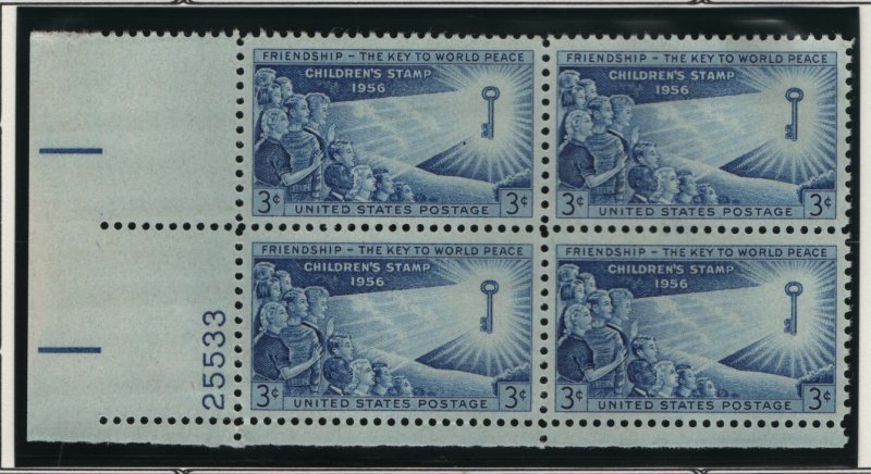 US, 1085, MNH, PLATE BLOCK, 1956, CHILDREN