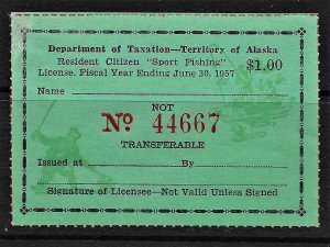 US 1956 AK resident fishing license stamp, small thin @ UL