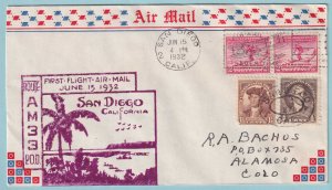 UNITED STATES FIRST FLIGHT COVER - 1932 FROM SAN DIEGO CALIFORNIA - CV353