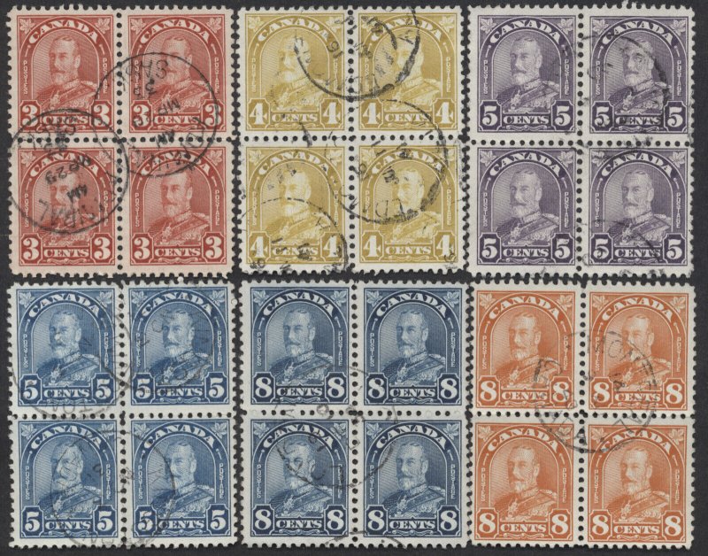 Canada Lot of 12 George V Arch Issue Used Blocks 1c/8c Values F-VF Mainly CDS
