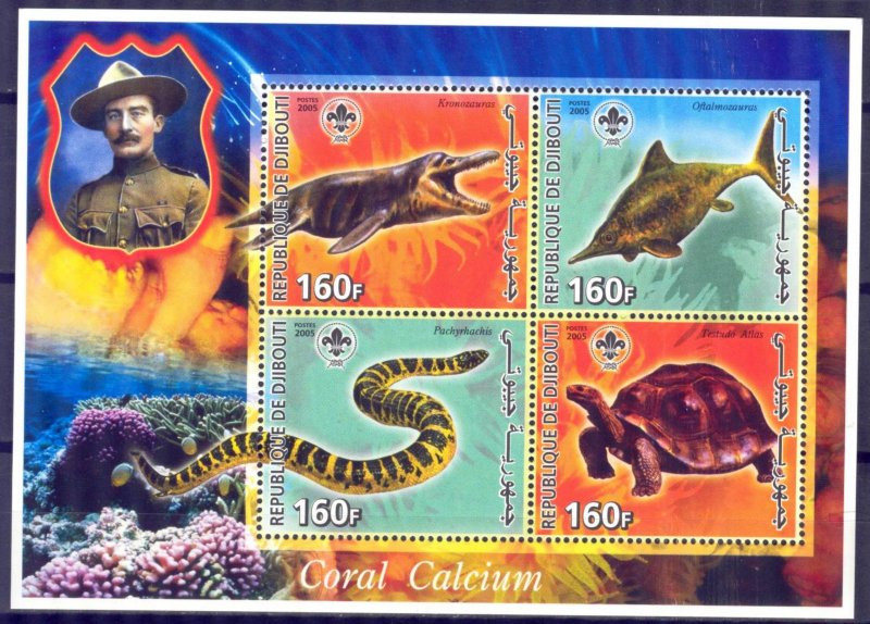 Djibouti 2005 Scouting Scouts Dinosaurs Snakes Turtles Sheet MNH