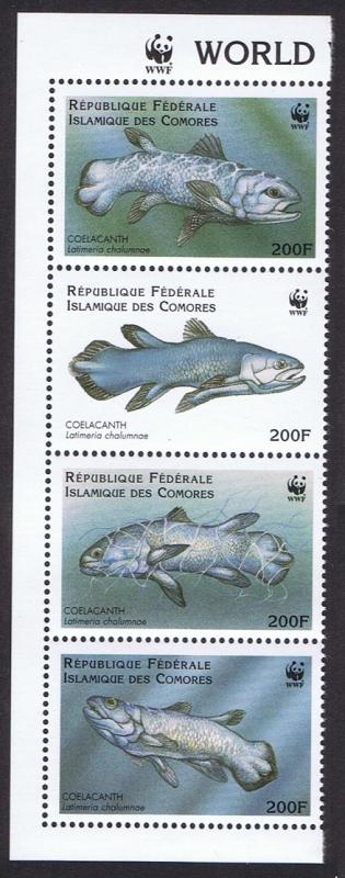 Comoro Is. WWF Coelacanth Left Strip of 4v with WWF Logo SC#833 a-d MI#1261-1264