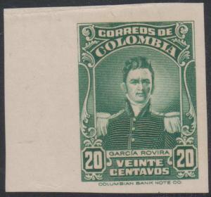 COLOMBIA 1944-45 G. ROVIRA Sc 500 MARGINAL IMPERF PROOF UNISSUED GREEN COLOR MNH 