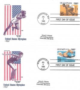 1990 FDC, #2496-2500, 2500a, 25c Olympic Games, Artmaster (5), block of 4