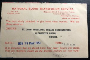 1951 Oxford England Blood Transfusion Postcard Postal Stationery Cover Local