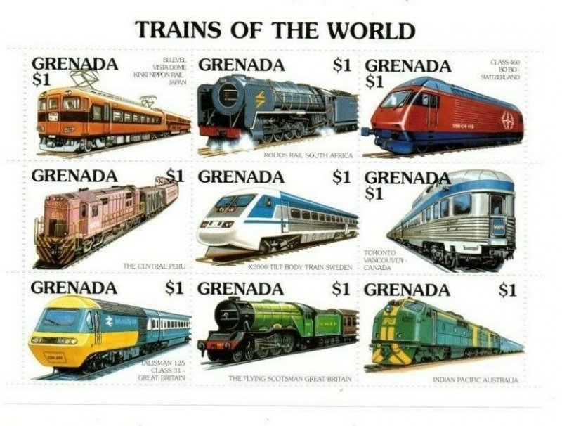 Grenada - 1995 - Trains - Sheet Of 9 stamps - MNH