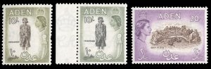 Aden #59-61 Cat$29, 1953 QEII, 10sh (two different shades) and 20sh rose viol...