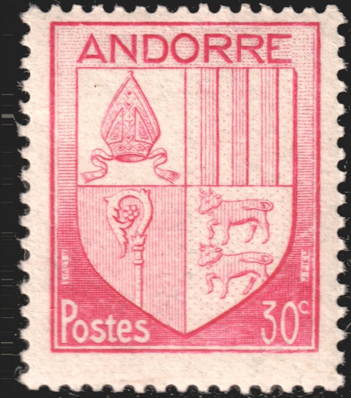 Andorra (French) #79  MOG - 30c dp mag Coat of Arms (1944)