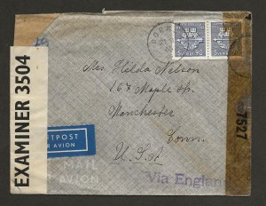 SWEDEN SC# 343  AIRMAIL SWEDEN-ENGLAND-US W/CENSORS 1945