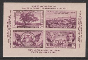 US 778 Third International Philatelic Exhibition souvenir sheet MNH 1936