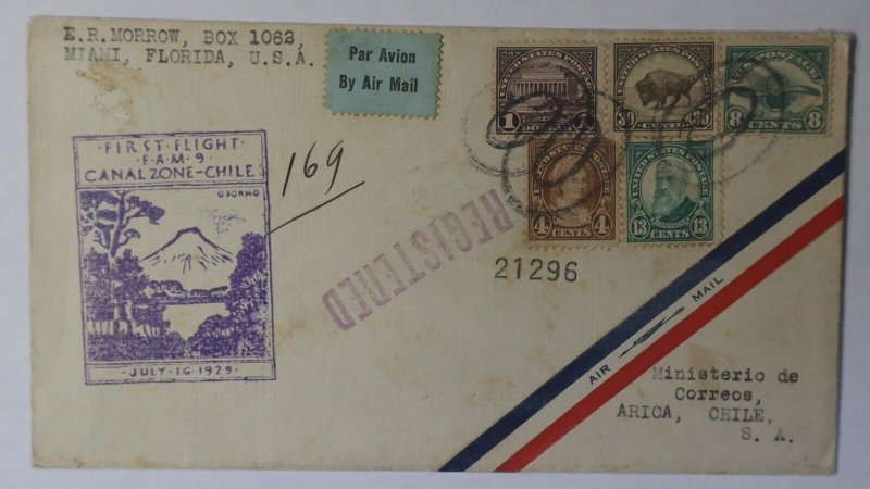 1929 FAM9 -25a Miami FL First Flight Canal Zone Chile Reg Cristobal $1+55c Cover