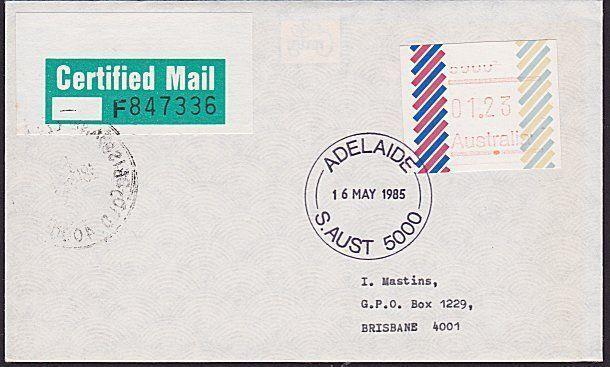 AUSTRALIA 1985 $1.23 Frama on Certified Mail cover ex Adelaide..............7321