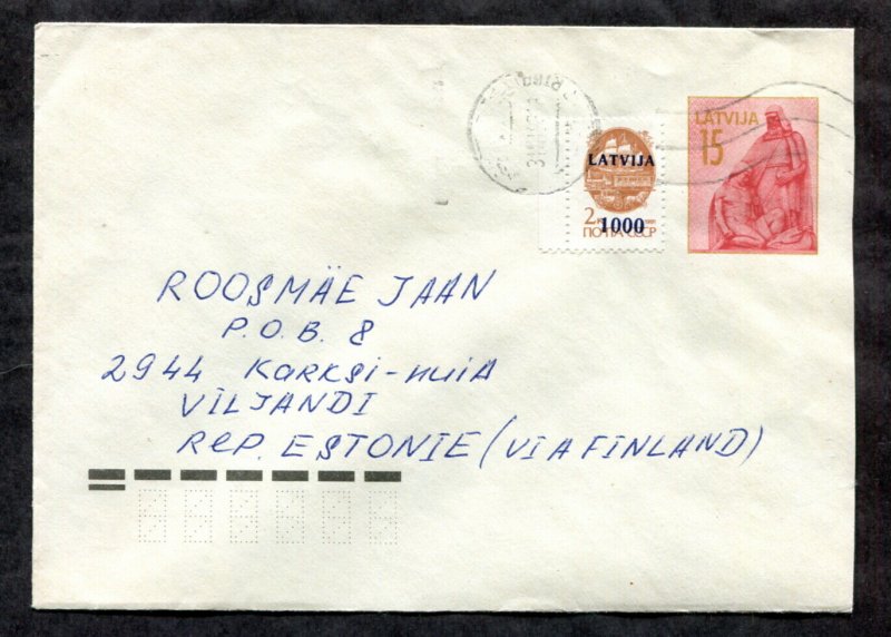 h230 - LATVIA 1993 Postal Stationery Cover to ESTONIA. Surcharge Issue