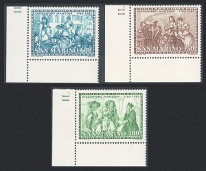 San Marino Birth Alessandro Manzoni writer 3v Corners 1985 MNH SG#1254-1256