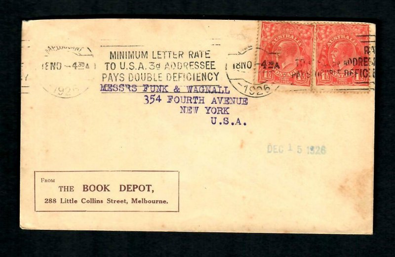 Lot2j Australia Cover 1926 The Book Depot,Minimum Letter Rate PaysDoubleDefiency