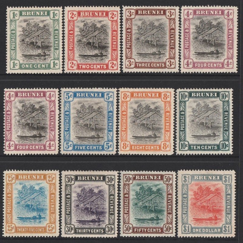 BRUNEI : 1907 River View set 1c-$1, wmk mult crown, plus 4c shade. 