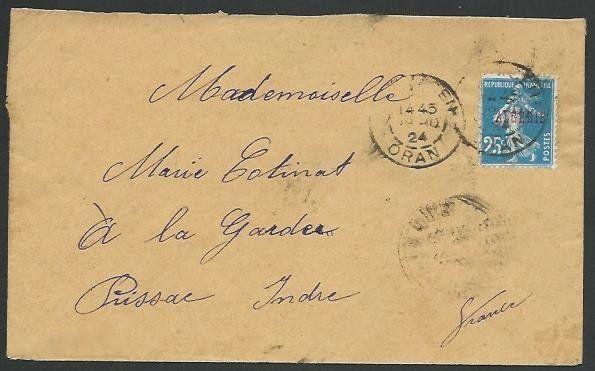 ALGERIA 1924 25c opt on cover Oran to France...............................59209