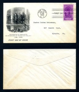 # 854 First Day Cover with Artcraft cachet from New York, NY dated 4-30-1939