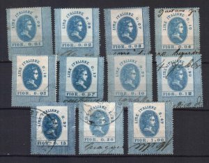 KINGDOM ITALY SET OF 11 FISCAL REVENUE TAX STAMPS. c.1860s. USED