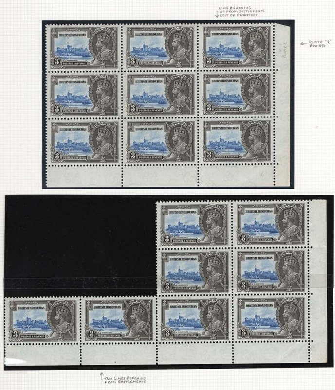 British Honduras 1935 Silver Jubilee 3c two unmounted mint blocks of 9 and 8 w