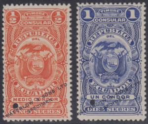 ECUADOR 1904 REVENUES TIMBRE CONSULAR SET 5 & 10 Sucres PERF PROOFS + SPECIMEN 