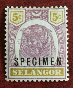 MALAYA SELANGOR 1895-99 SPECIMEN opt 5c Tiger SG#55s M3424