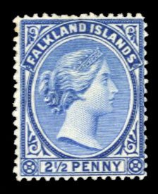 Falkland Islands #15 Cat$50, 1894 2 1/2p ultramarine, hinged