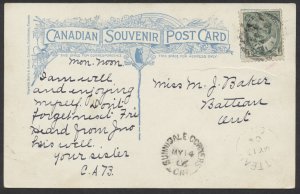 1906 Simcoe County Postmarks on Stayner PC, Sunnidale Corners ONT to Batteau ONT