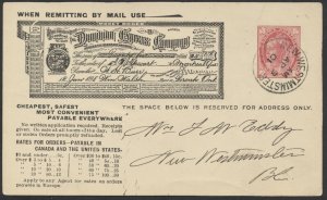 1901 1c Victoria Dominion Express Card #DMX3 Used At New Westminster BC