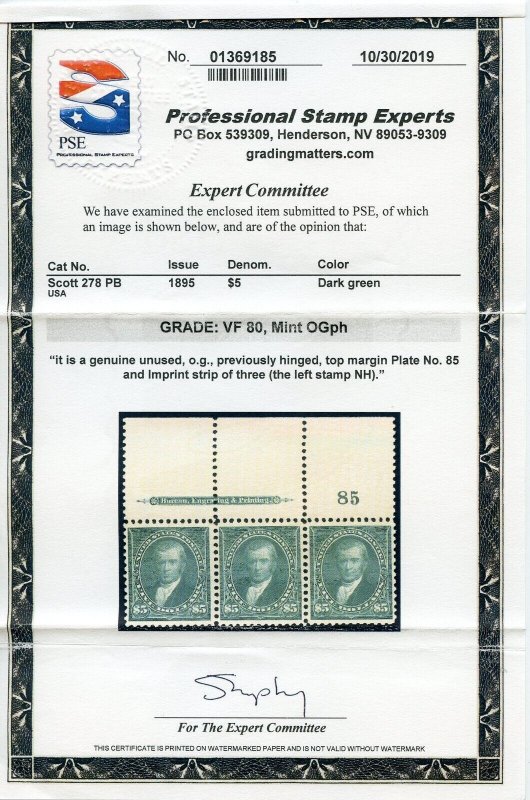 US SCOTT #278 IMPRINT & PL# STRIP OF 3 MINT-VF-OG-PH GRADED 80 PSE CERT