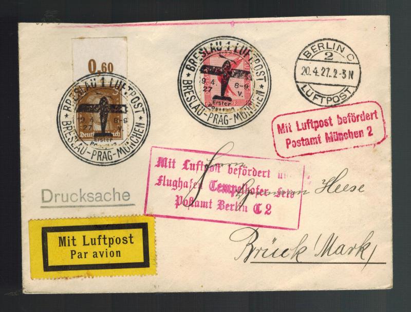 1927 Breslau Germany First Flight Cover FFC to Prague Czechoslovakia Munich