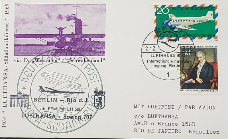 Germany Lufthansa 1969 Anniversary Post Card Rio Janeiro Brazil