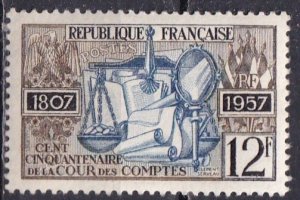 France 832 (mnh, lt gum toning) 12fr Cour des Comptes, sepia & ultra (1957)