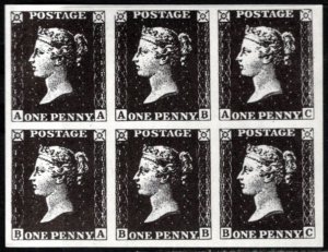 Vintage Great Britain Poster Stamp One Penny Black Facsimile Block of 6 MNH
