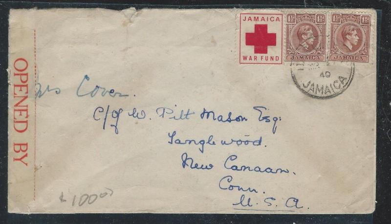 JAMAICA (PP2912B) 1940 KGVI 1 1/2D PR+ WAR FUND RED CROSS LABEL CENSOR TO USA