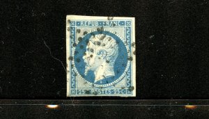 France #17 (F164) Emperor Napoleon III 25c blue/bluish paper, U, F-VF, CV$165.00