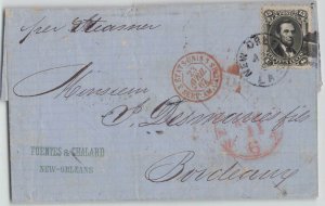 United States 1867 15c black Lincoln New Orleans to Bordeaux France Cover w/Cert