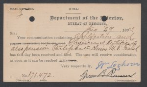 US, 1893 Dep't of the Interior, Pensions Bureau, Official Postal Card